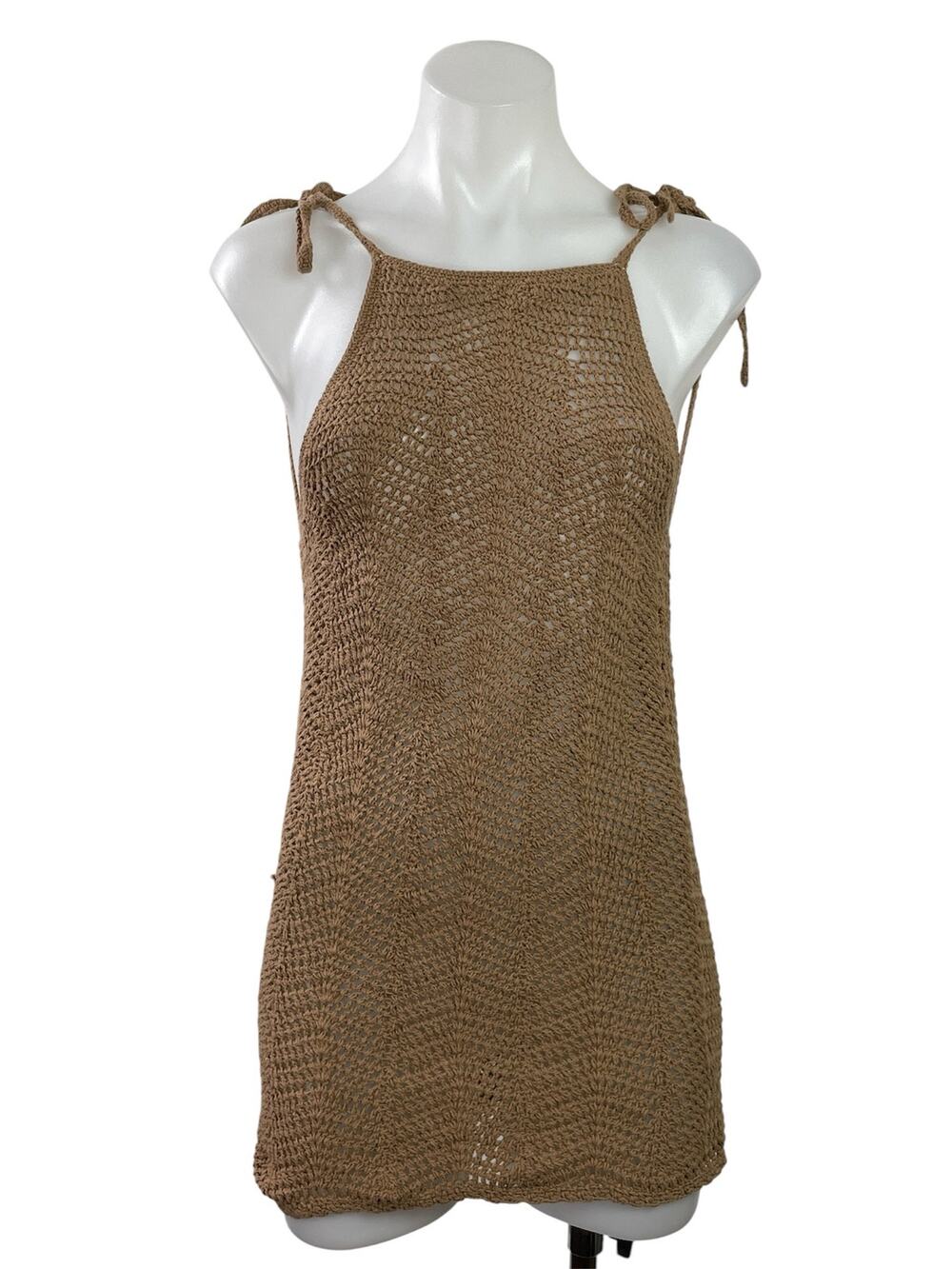 Akoia Swim Womens Brown Crochet Knit Sleeveless Backless Mini Coverup Dress Sz M
